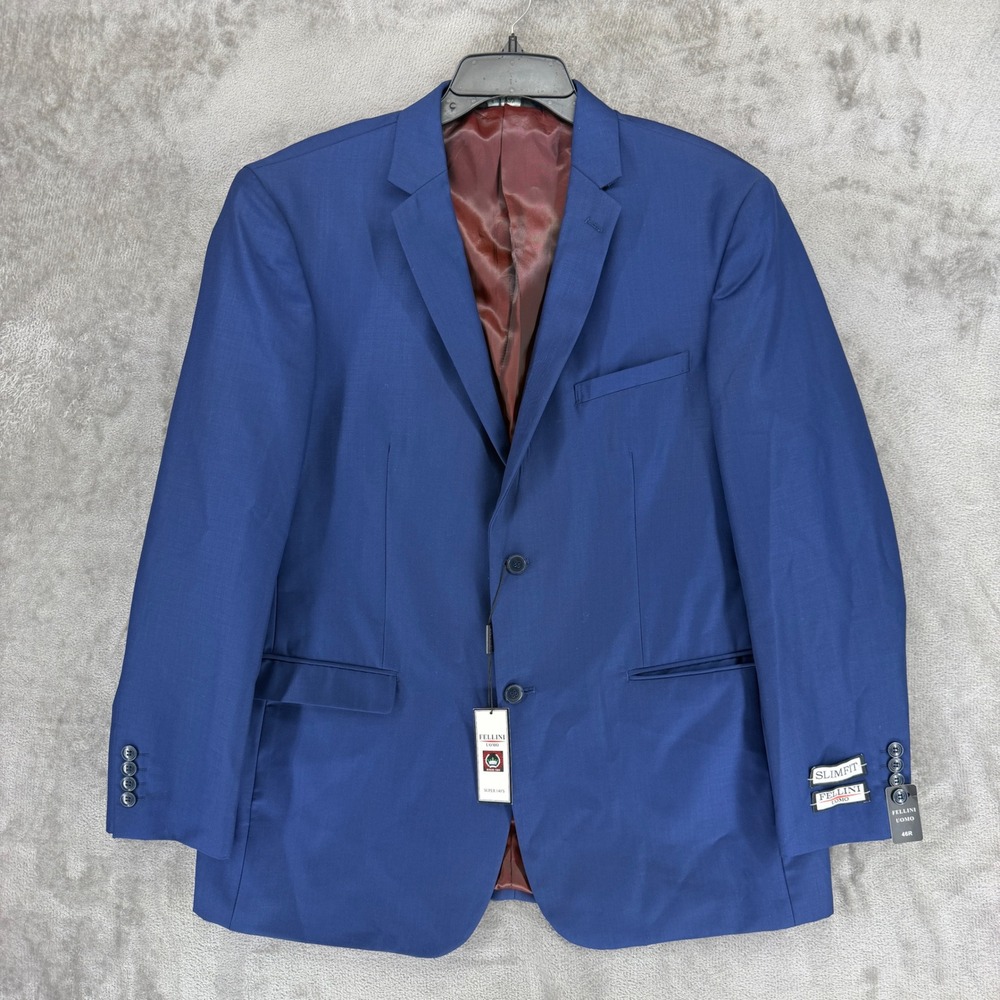 Fellini Uomo Mens Slim Fit‎ Blazer Blue Super 140s Two Button Jacket 46R New